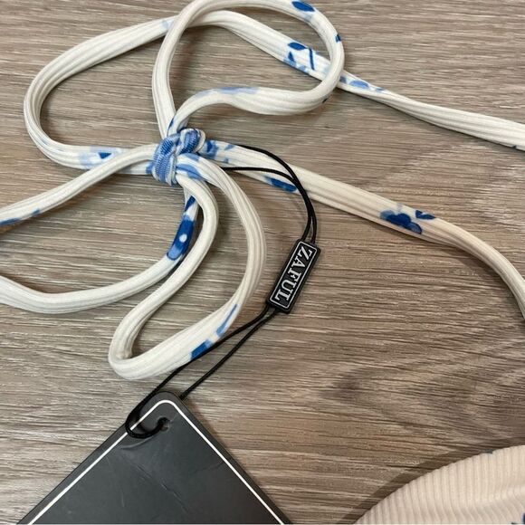 Zaful Blue and White Floral Bikini Ribbed Top Swimsuit - Picture 2 of 6